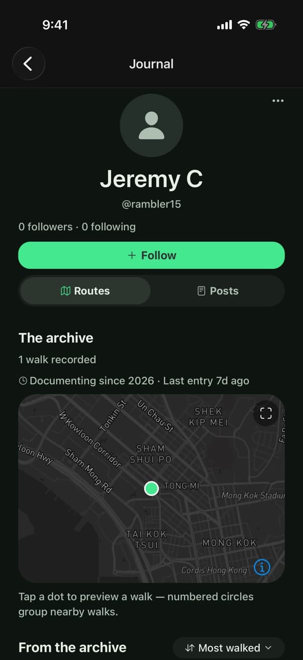 A FLIP creator profile with their walks on a map
