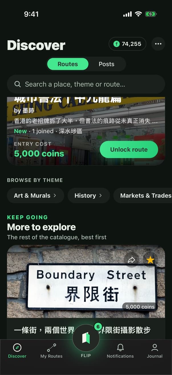 FLIP Discover: browse by theme, and a live route card for Boundary Street